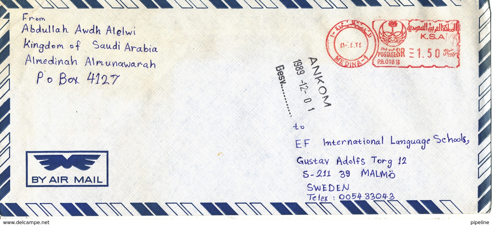 Saudi Arabia Air Mail Cover Sent To Sweden Medina 1989 - Saudi Arabia