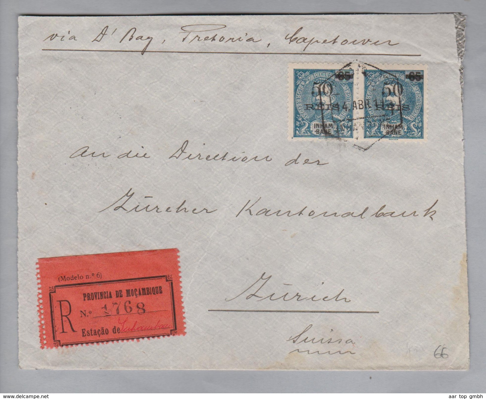 Moçambique 1911-04-14 Muhambam R-Brief Via DE Bay-Pretoria-Capetown Nach Zürich - Mozambique