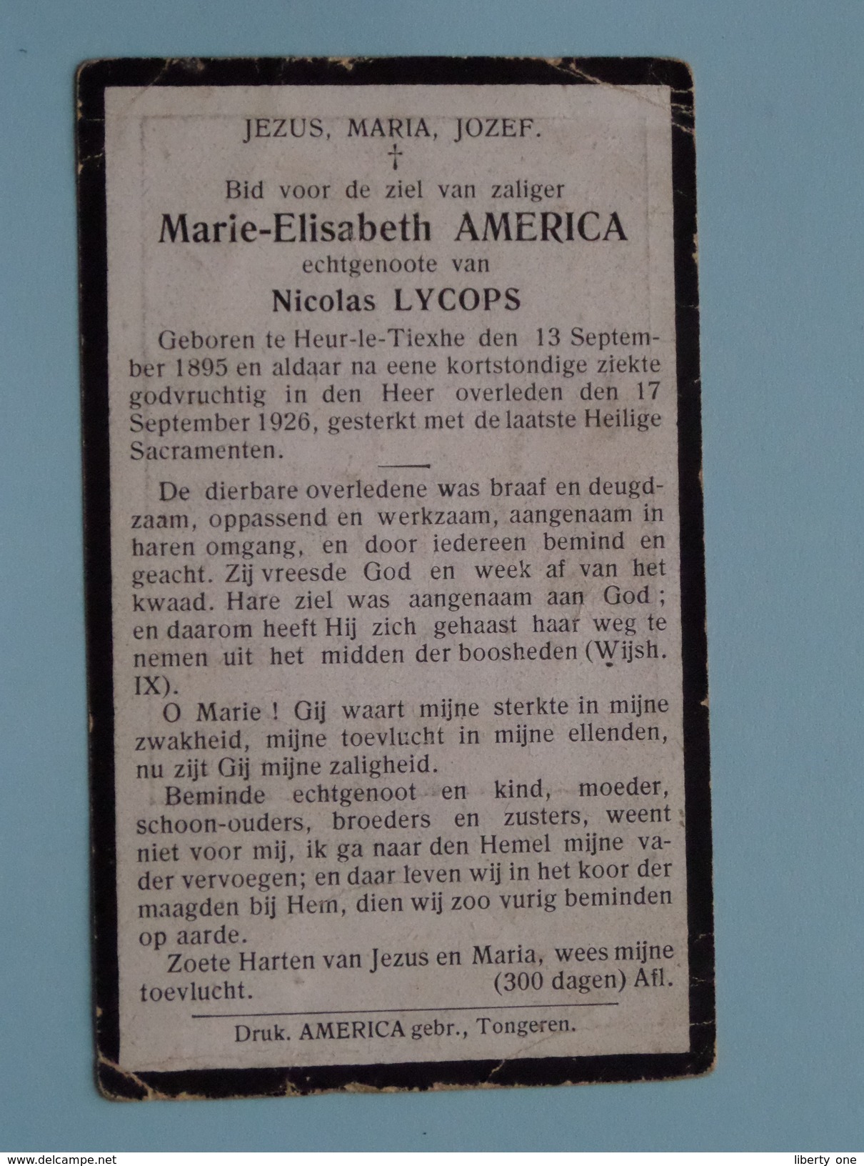 DP Marie-Elisabeth AMERICA ( Nicolas LYCOPS ) HEUR-le-TIEXHE 13 Sept 1895 - 17 Sept 1926 ( Zie Foto´s ) ! - Godsdienst & Esoterisme