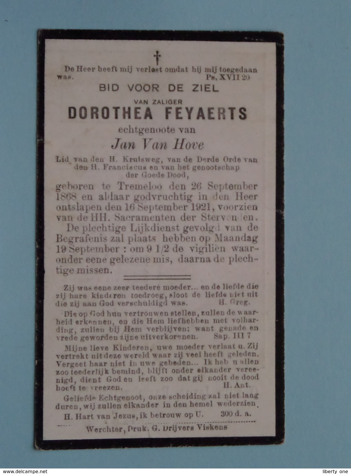 DP Dorothea FEYAERTS ( Jan Van Hove ) Tremeloo 26 Sept 1868 - 16 Sept 1921 ( Zie Foto´s ) ! - Religion & Esotericism