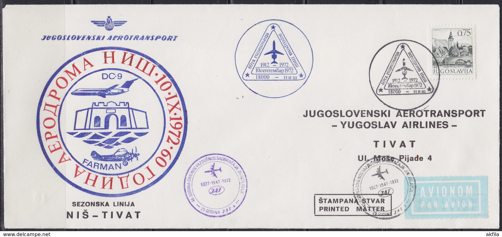 Yugoslavia 1972 Yugoslav Airlines (JAT) Season Air Route Nis  Tivat Commemorative Airmail Cover, Jubilee Purple Postmark - Airmail