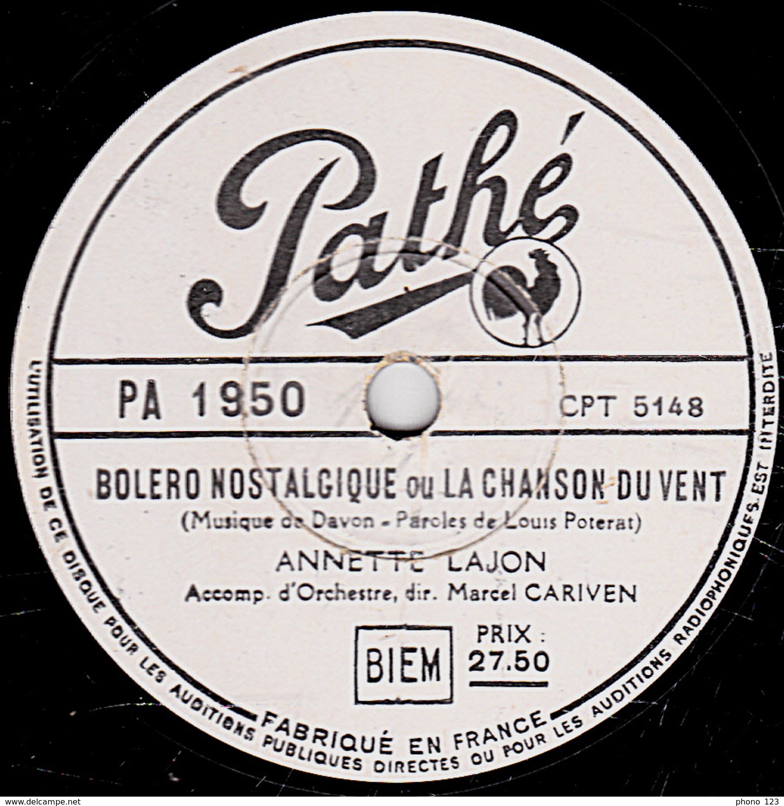 78 T. - 25 Cm - état  M -  ANNETTE LAJON - BOLERO NOSTALGIQUE - J'AI PERDU D'AVANCE - 78 T - Disques Pour Gramophone