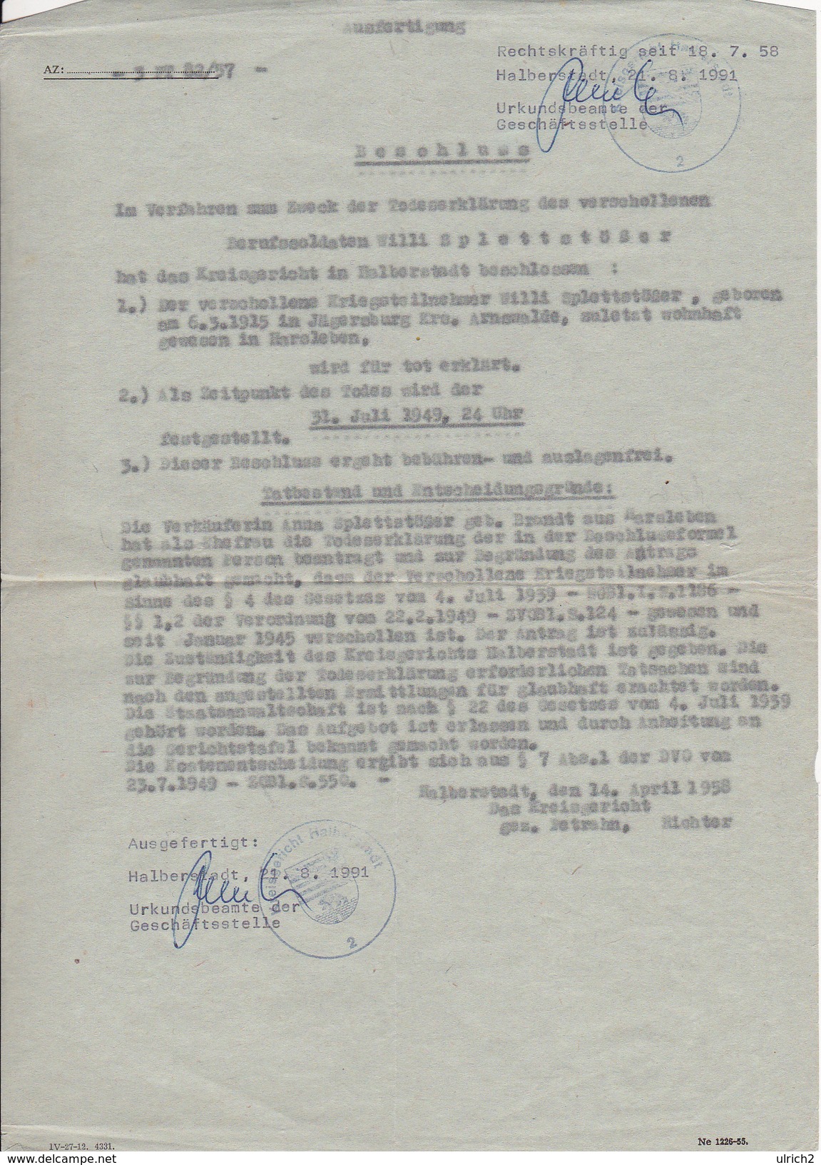 Todeserklärung Eines Verschollenen Deutschen Soldaten - Halberstadt 1958/1991  (26066) - Documents Historiques