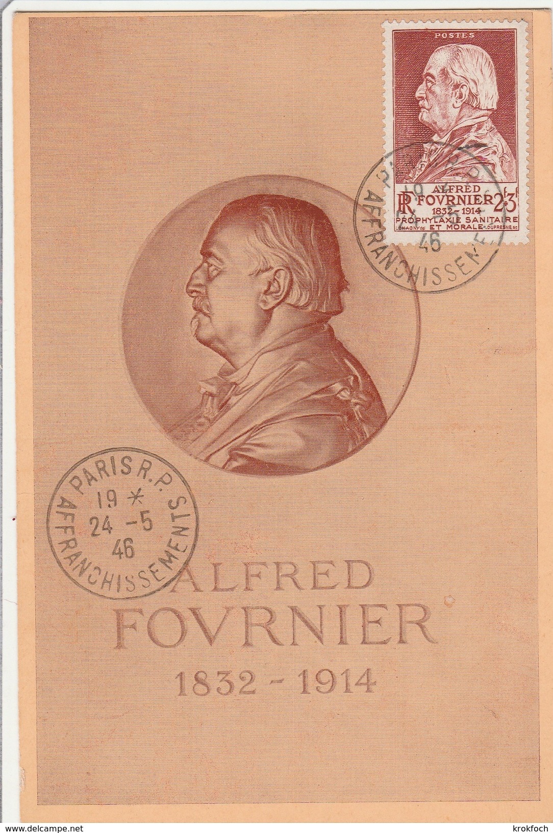 Alfred Fournier 1946 - Carte Max Paris RP Affranchissements - Médecine Santé - 1940-1949