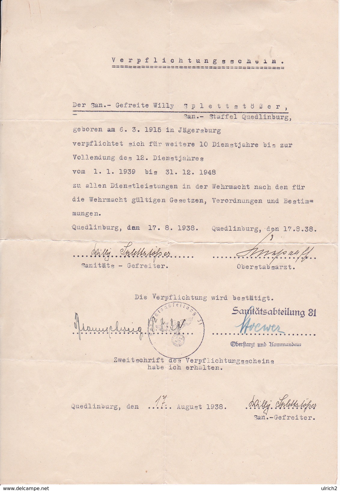 Deutsche Wehrmacht - Verpflichtungsschein Sanitätsabteilung 31 - 1938  (26069) - 1939-45