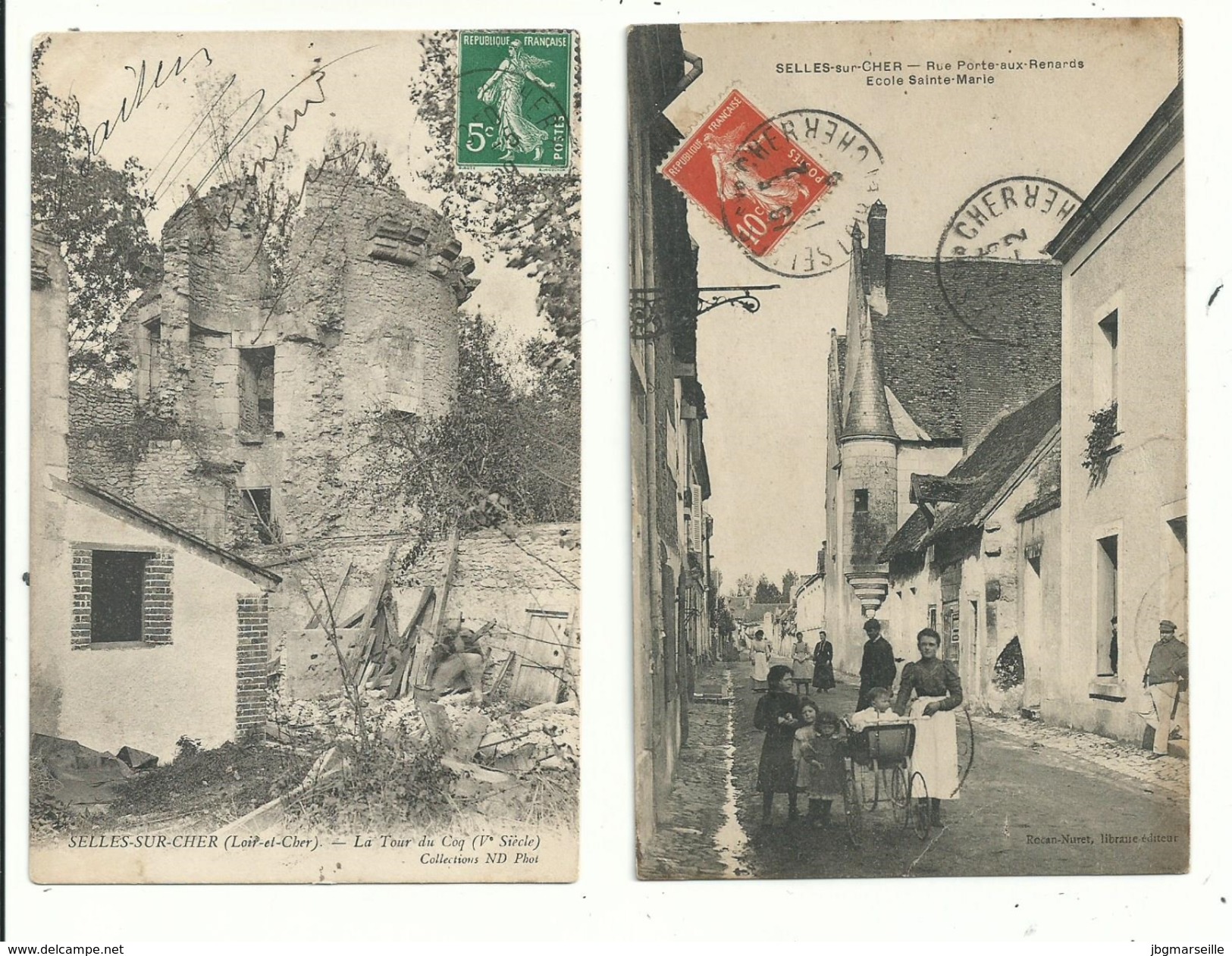 2 CP Anciennes  De SELLES Sur CHER (loir & Cher) Rue Porte Aux Renards (animée) La Tour Du Coq (1905).......à Voir. - Autres & Non Classés