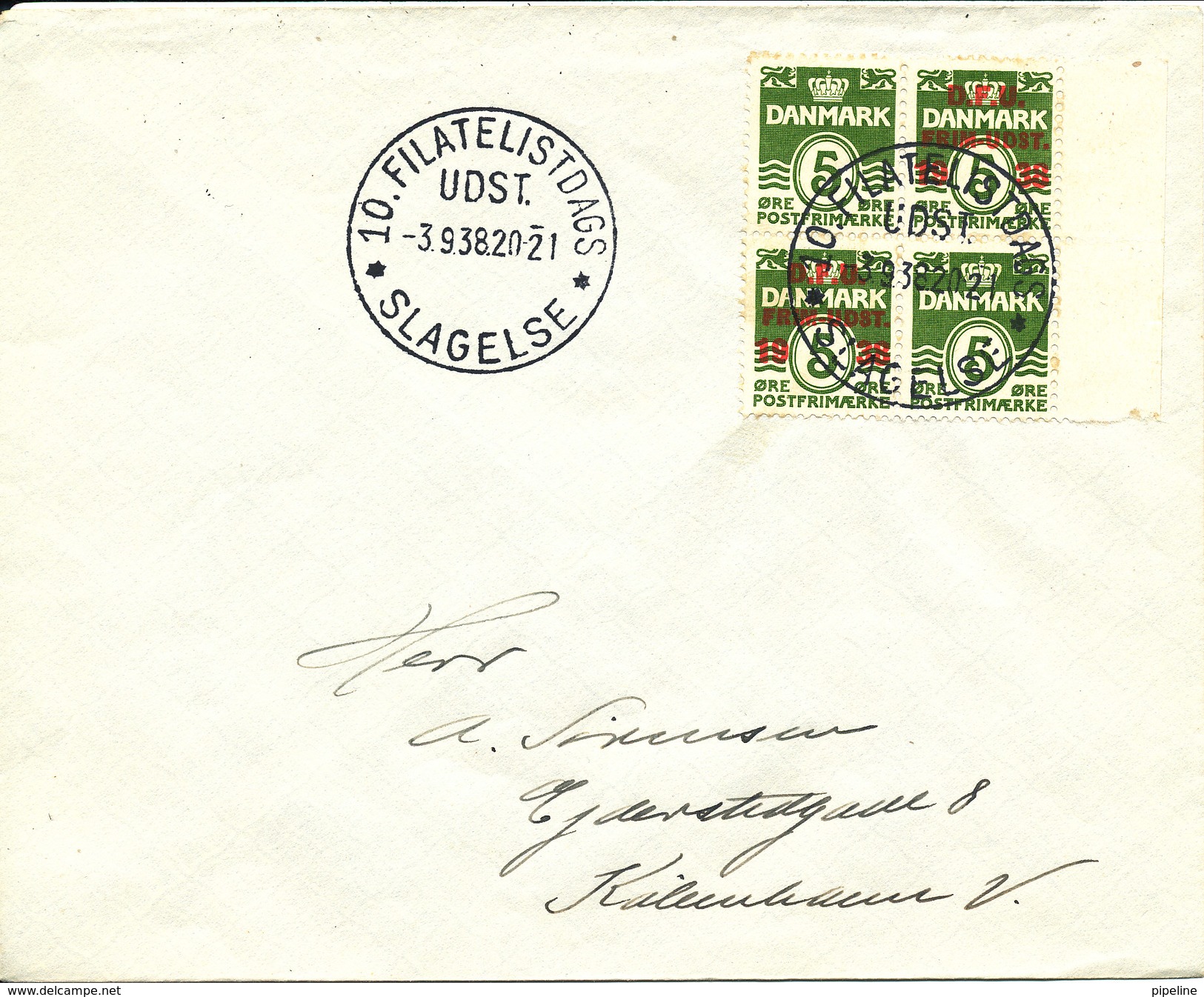 Denmark Cover Stamp Exhibition 3-9-1938 Slagelse With The Good Block Of 4 DFU - Expositions Philatéliques