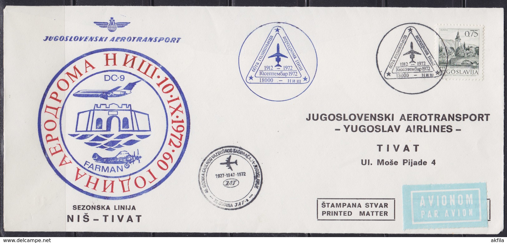 Yugoslavia 1972 Yugoslav Airlines (JAT) Season Air Route Nis - Tivat Commemorative Airmail Cover, Jubilee Black Postmark - Storia Postale