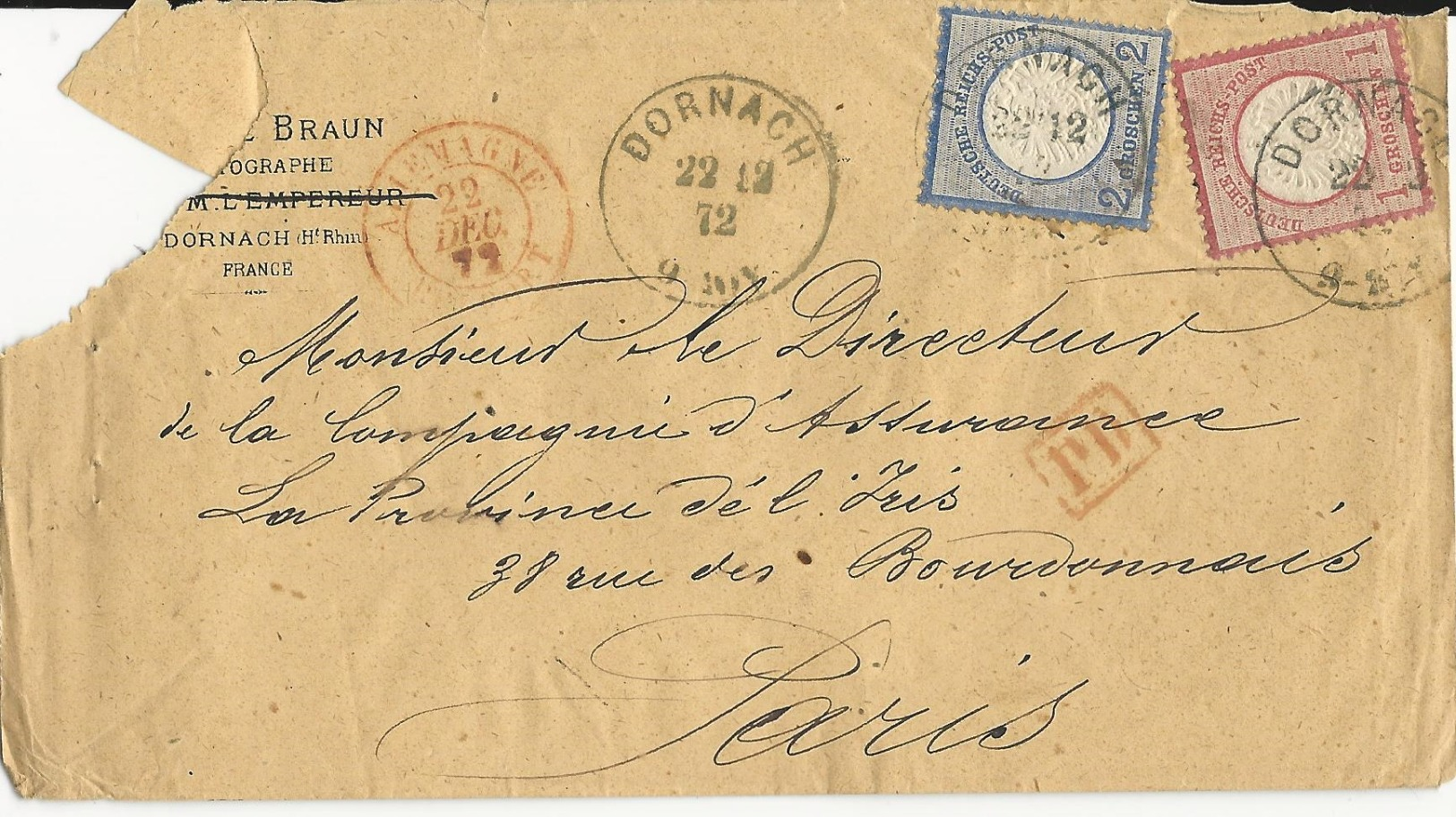 1872 - HAUT-RHIN - ENVELOPPE De DORNACH Pour PARIS Avec ENTREE Par BELFORT - Lettres & Documents