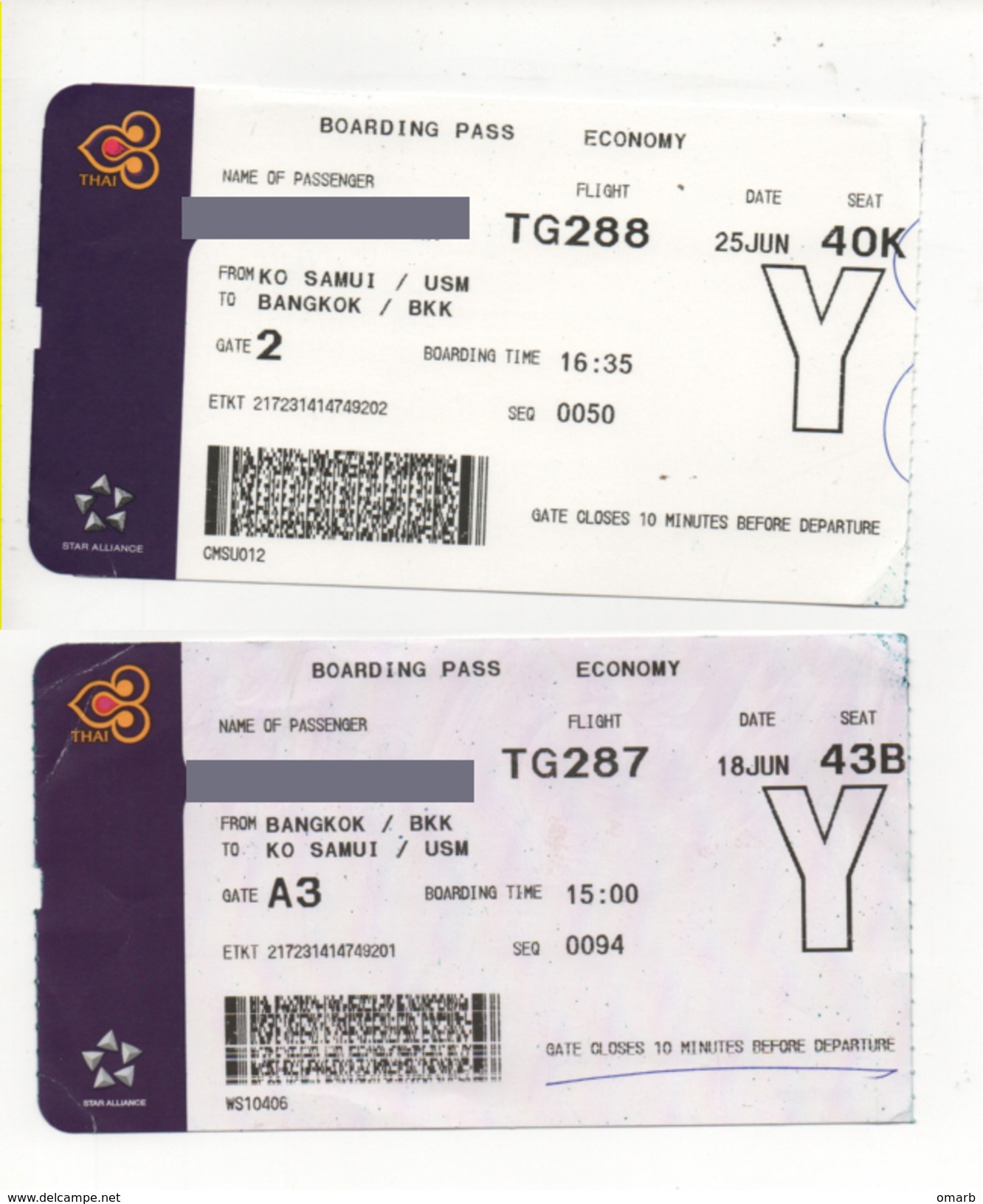 Alt968 Carta Imbarco Boarding Pass Flight Ticket Volo Airline Biglietto Aereo Thai Airways Thailand Bangkok Ko Samui - Europa