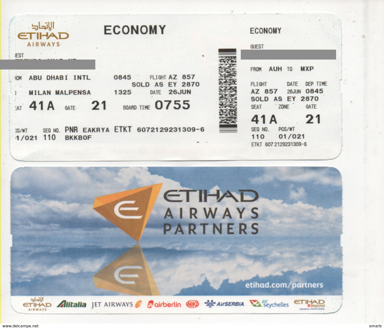 Alt950 Etihad Alitalia Airways Billets Avion Ticket Biglietto Aereo Passenger Abu Dhabi Airport Milano Malpensa Flight - Europa