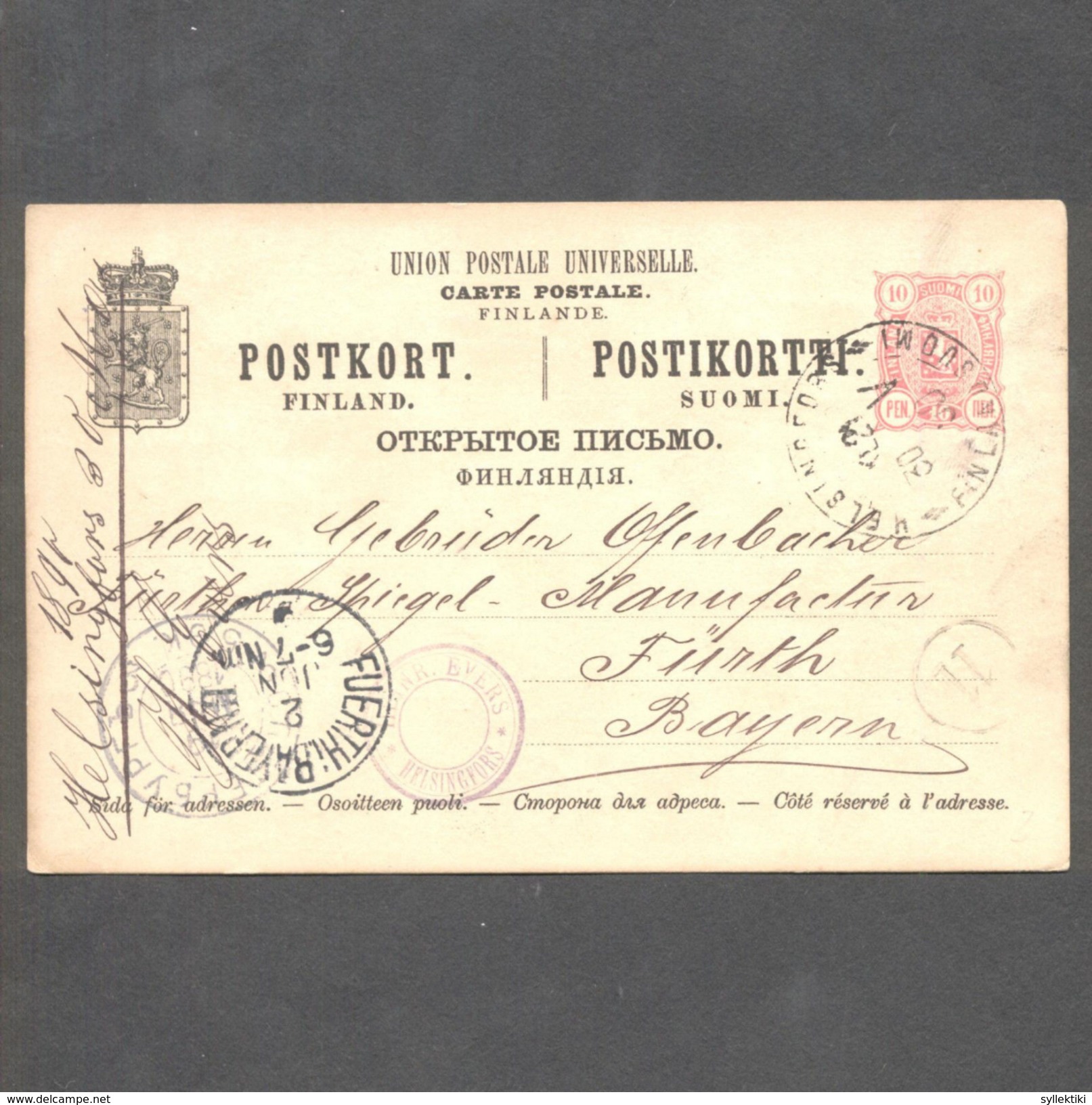 FINLAND 1890 UNDER RUSSIAN OCCUPATION MAILED CARD TO BAYERN - ...-1857 Vorphilatelie