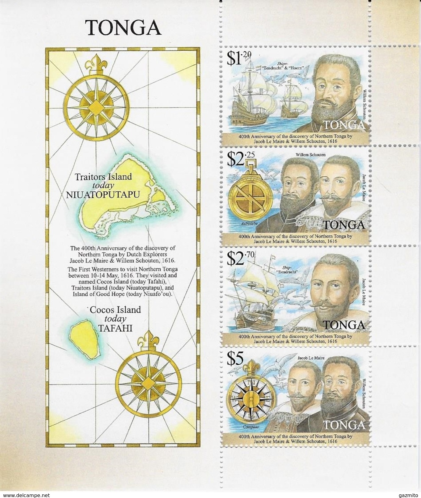 Tonga 2016, Dutch Explorers, Ships, 4val In BF - Tonga (1970-...)