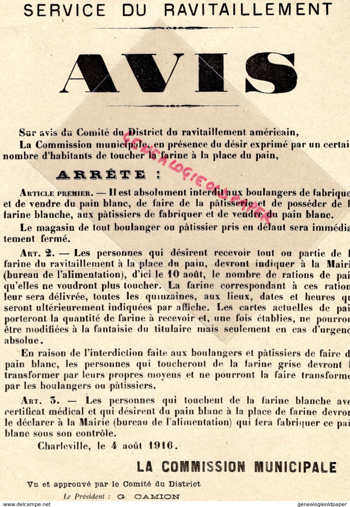 08 - CHARLEVILLE- AFFICHE 4 AOUT 1916- HUERRE 1914-1918-MILITARIA- AVIS SERVICE DU RAVITAILLEMENT- BOULANGERIE BOULANGER - Plakate