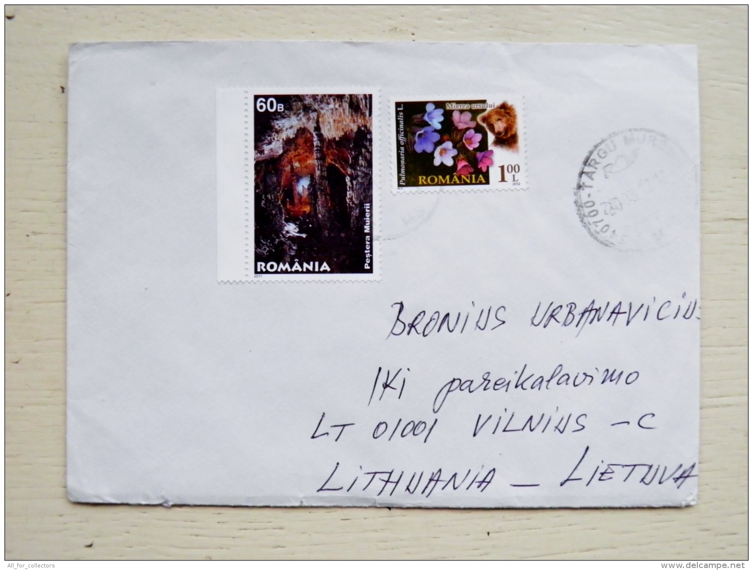 Cover Sent From Romania To Lithuania On 2012 Cave Flowers Bear Ursus - Covers & Documents