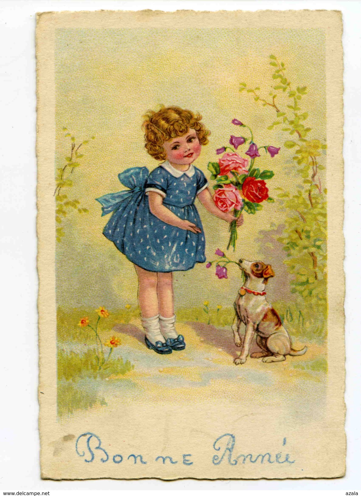 A 18839   -   Bonne Année  -  Petite Fille Avec Bouquet De Roses Et Clochettes Et Avec Son Chien - Nieuwjaar