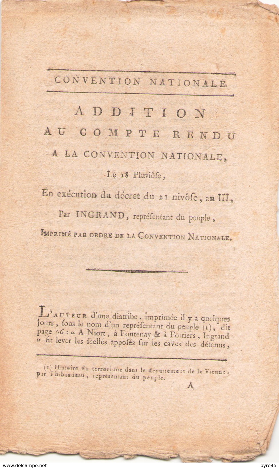 ADDITION AU COMPTE RENDU A LA CONVENTION NATIONALE LE 18 PLUVIOSE AN III - Decrees & Laws