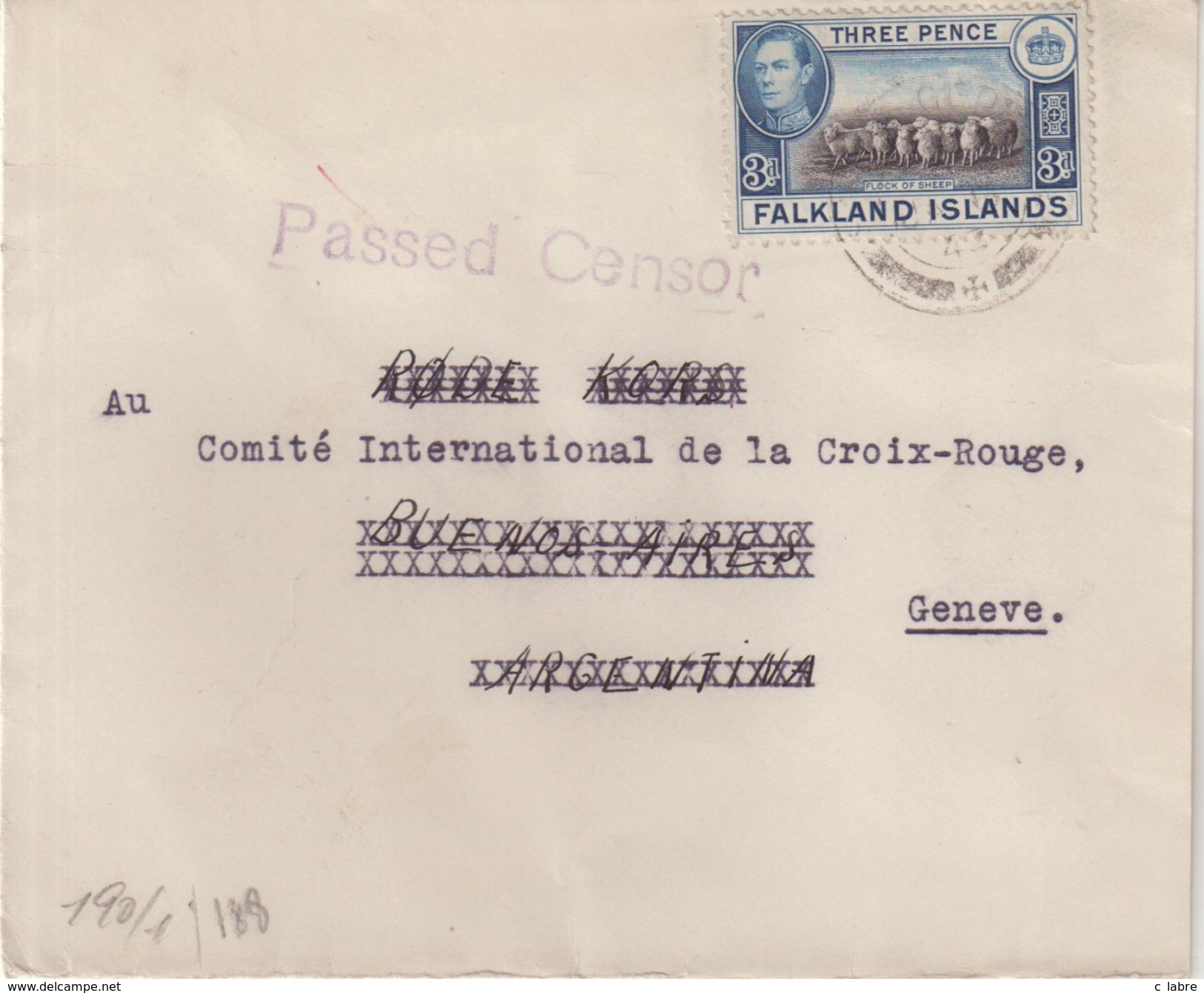 FALKLAND : POUR LE CICR DE GENEVE . CENSUREE . 1943 . - Falkland