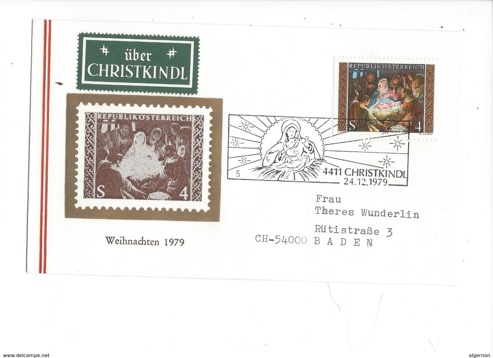 16033 - Christkindl Cover 24.12.1979 Pour Baden Schweiz + Vignette über Christkindl - Noël