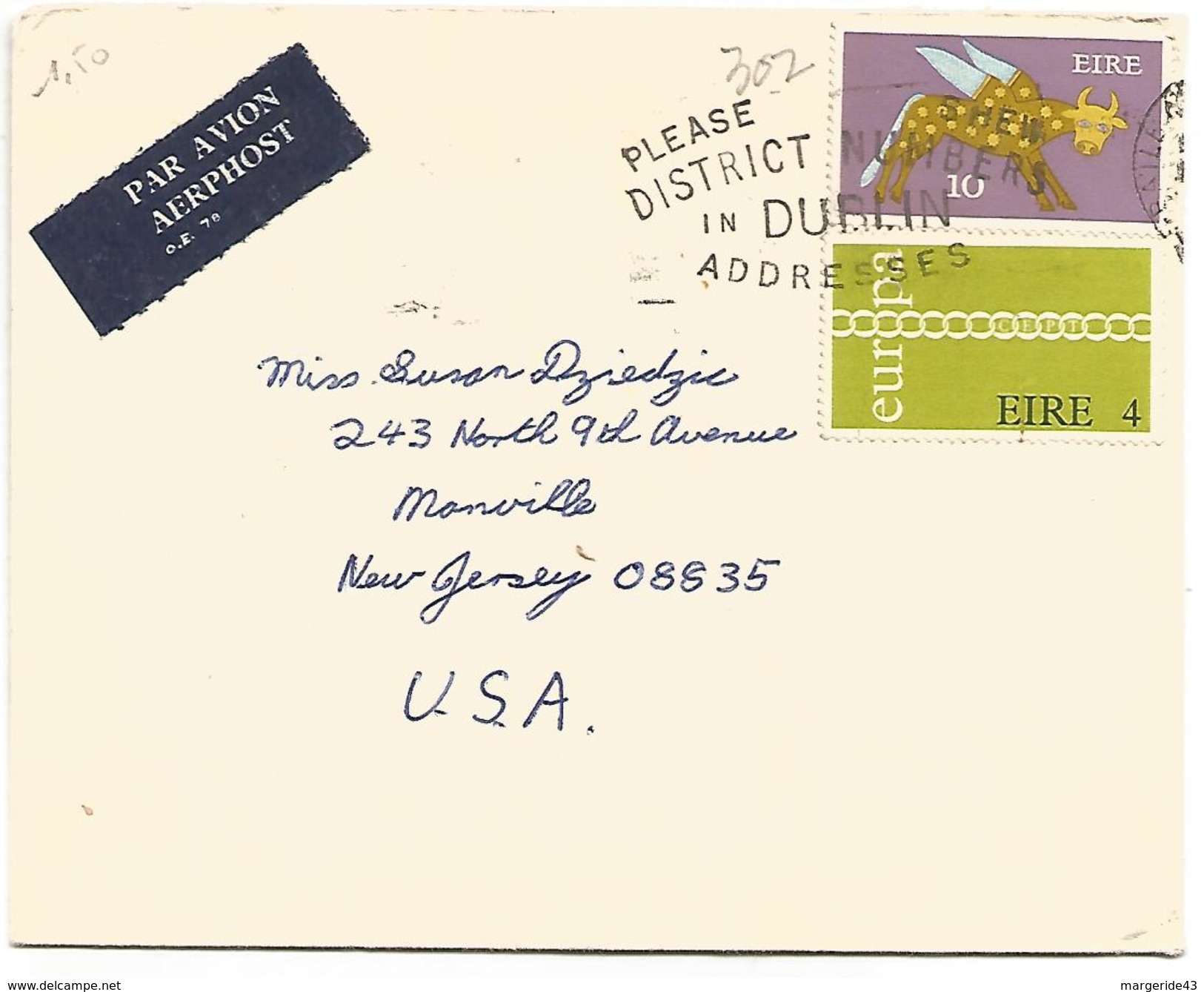 IRLANDE LETTRE POUR LES USA 1968 - Briefe U. Dokumente