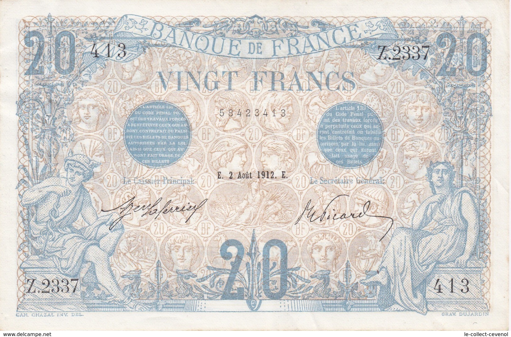 FRANCE - 20 Fr BLEU TYPE 1905 - F 10 N° 2 - 02/08/1912 SUP - 20 F 1905-1913 ''Bleu''