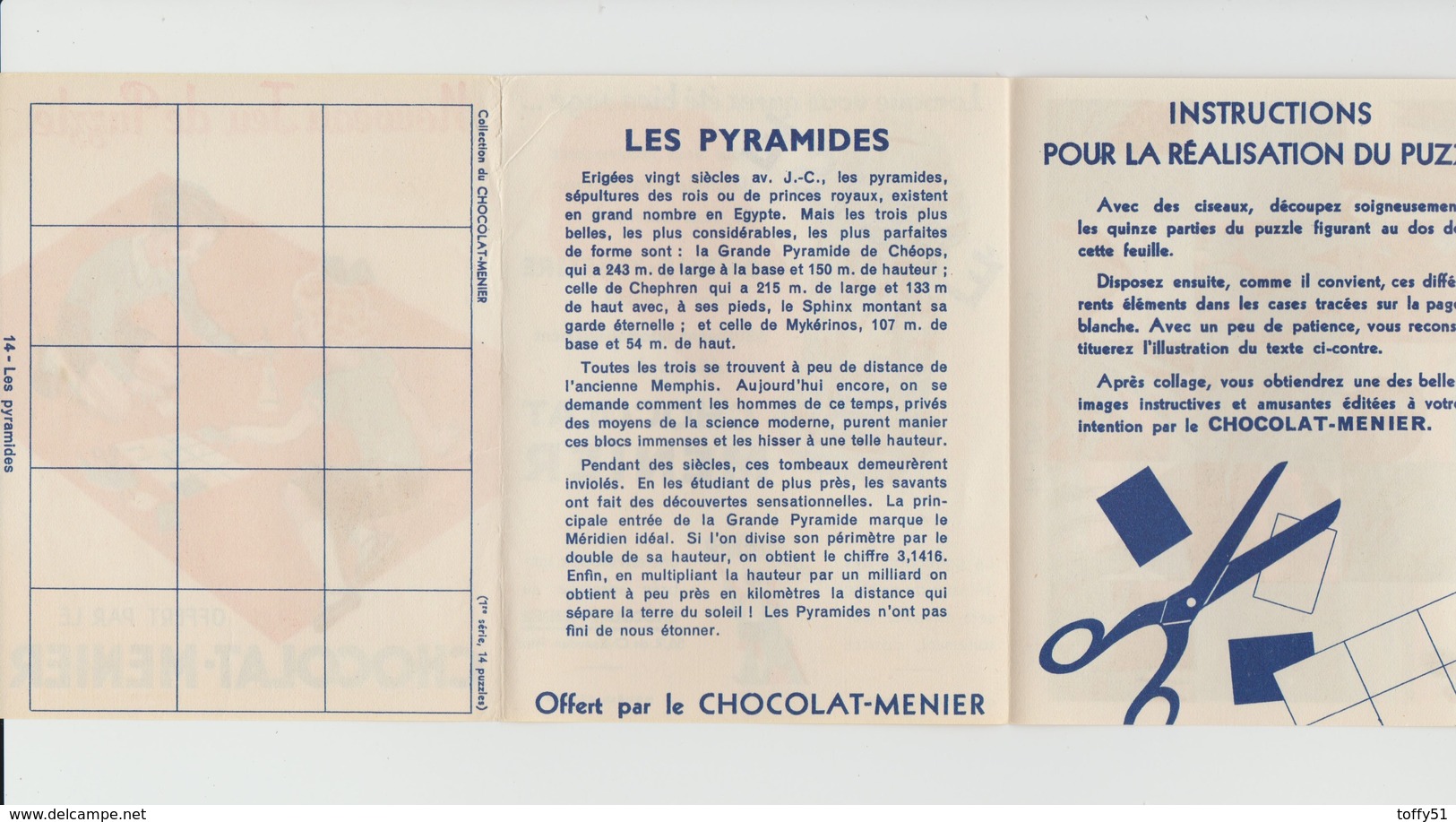 DÉPLIANT NOUVEAU JEU DE PUZZLE CHOCOLAT MENIER N°14 LES PYRAMIDES - Autres & Non Classés