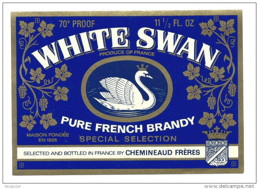 étiquette Ancienne  Brandy White Swan French Brandy  Chemineaud Freres  (thème Animaux Cygne) Excellent état - Autres & Non Classés