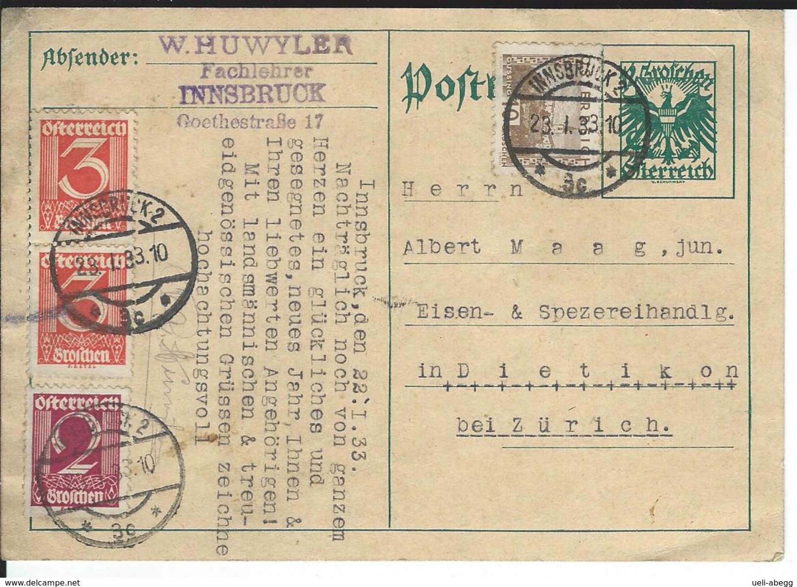 Innsbruck 23.1.33 Nach Zürich - Sonstige & Ohne Zuordnung