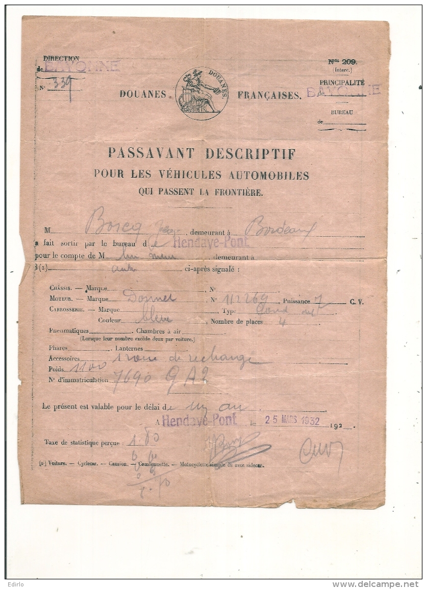 Permis Internationnal De Conduire 1926 + Certificat International Carte Grise Pour Automobiles +  2  PASSAVANT + - Autres & Non Classés