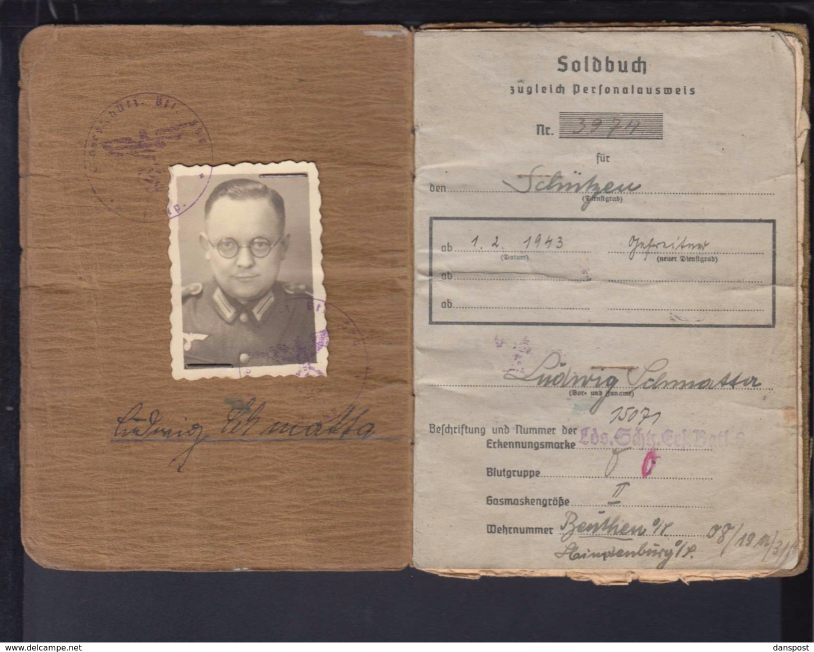 DR Soldbuch / Personalausweis Schütze 19.1.1942 1. Lds Schtz. Ers. Btl. 8 Leobschütz Schlesien Polen Viele Eintragungen - Historical Documents