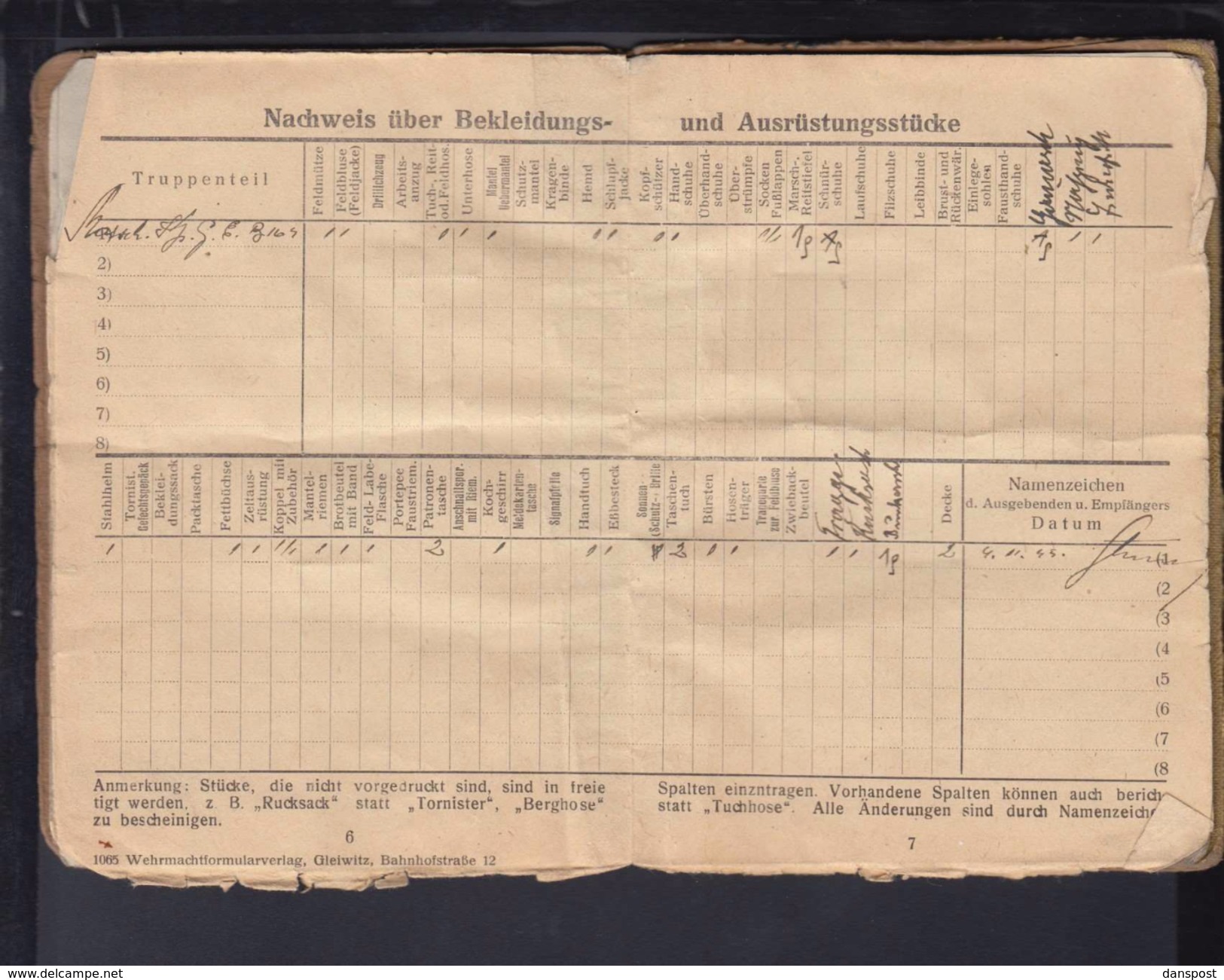 DR Soldbuch / Personalausweis Schütze 19.1.1942 1. Lds Schtz. Ers. Btl. 8 Leobschütz Schlesien Polen viele Eintragungen