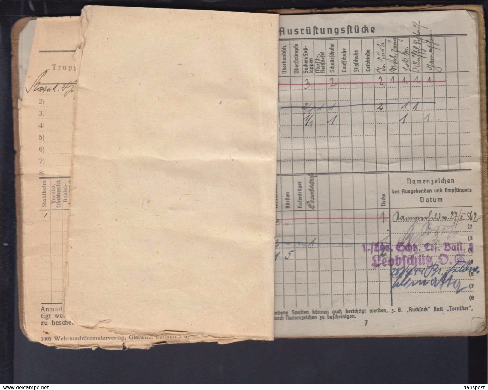 DR Soldbuch / Personalausweis Schütze 19.1.1942 1. Lds Schtz. Ers. Btl. 8 Leobschütz Schlesien Polen viele Eintragungen