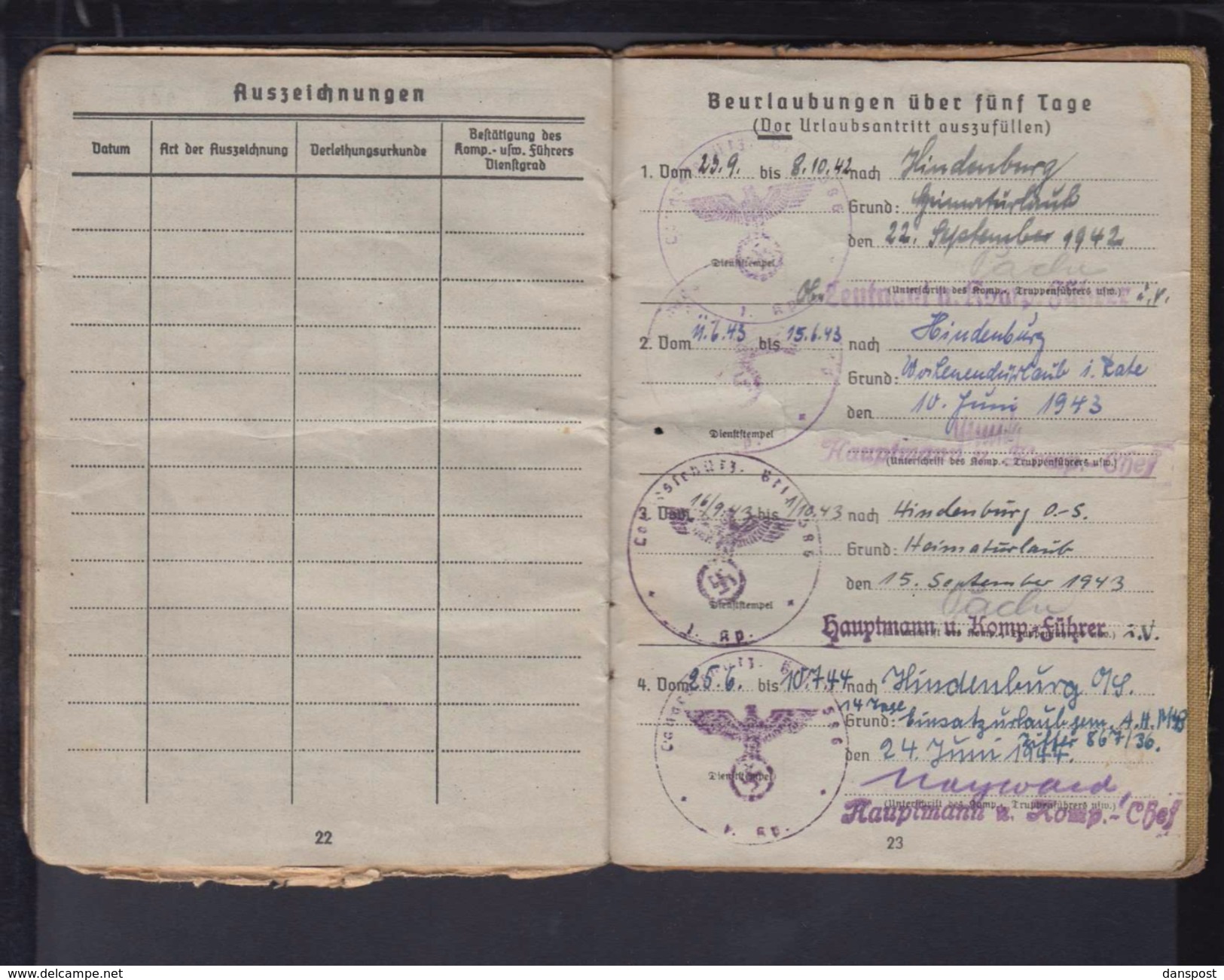 DR Soldbuch / Personalausweis Schütze 19.1.1942 1. Lds Schtz. Ers. Btl. 8 Leobschütz Schlesien Polen viele Eintragungen