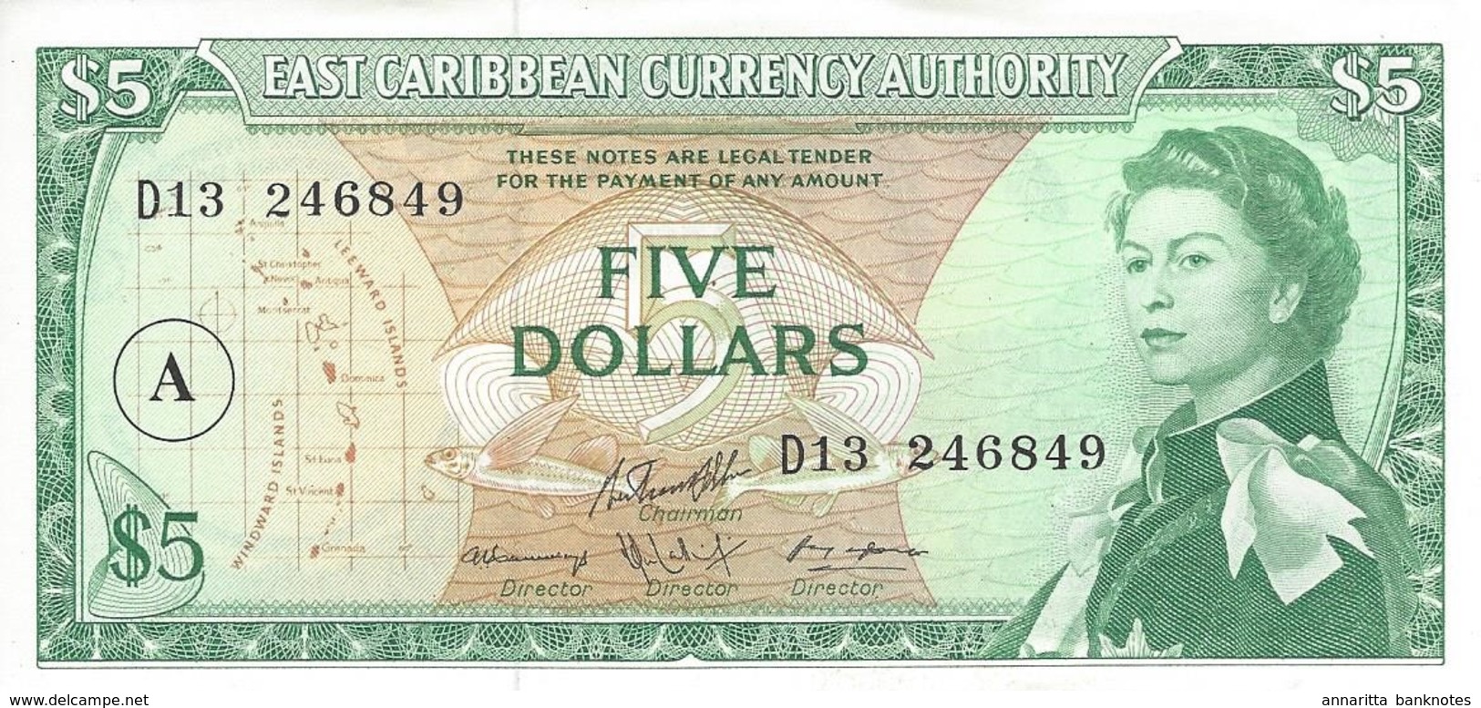 EAST CARIBBEAN ANTIGUA 5 DOLLARS ND (1983) P-14i UNC OVERPRINT A S/N D13 246849  [ECS102ca] - East Carribeans