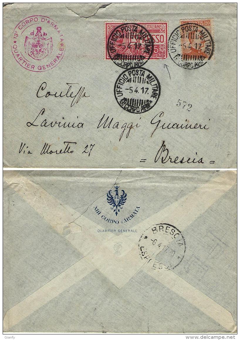 FRANCHIGIA POSTA MILITARE 13 CORPO ARMATA 1917 TURRIACO X BRESCIA - Posta Militare (PM)