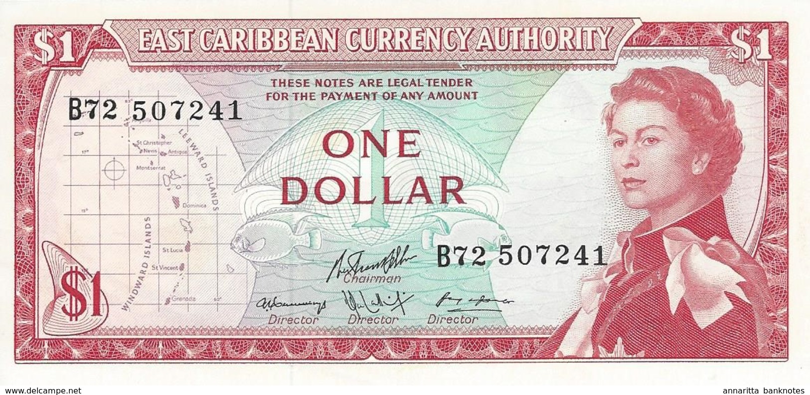 EAST CARIBBEAN STATES 1 DOLLAR ND (1974) P-13g UNC- S/N B72 507241 [ECS101c10] - Caraibi Orientale