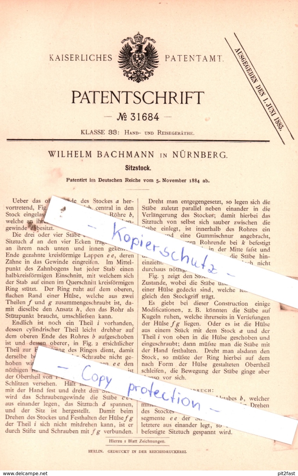 Original Patent - Wilhelm Bachmann In Nürnberg , 1884 , Hand- Und Reisegeräthe !!! - Historische Dokumente