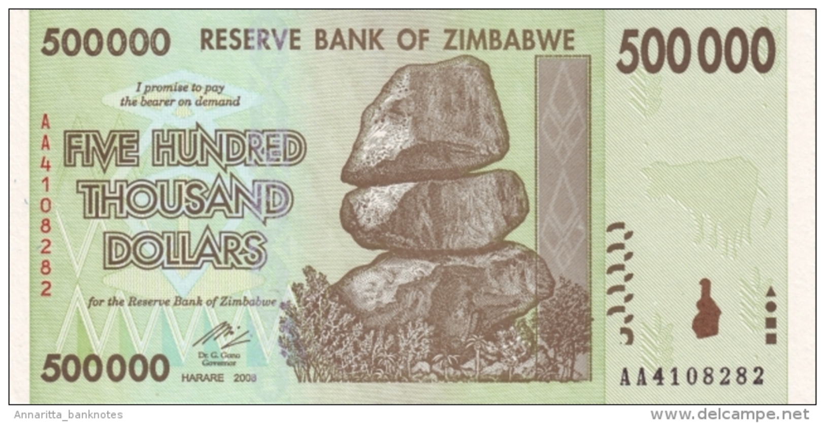 ZIMBABWE 500000 DOLLARS 2008 P-76 UNC  [ZW167a] - Simbabwe