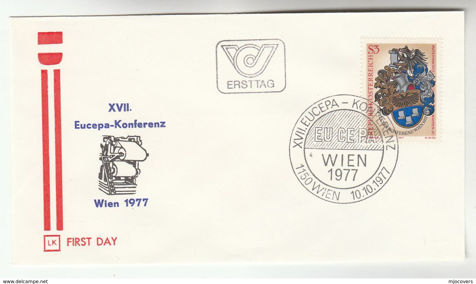 1977 Austria FDC HERALDIC EUCEPA  PAPER INDUSTRY CONFERENCE  Stamps SPECIAL Pmk  Cover Illus Paper Making Machine - FDC