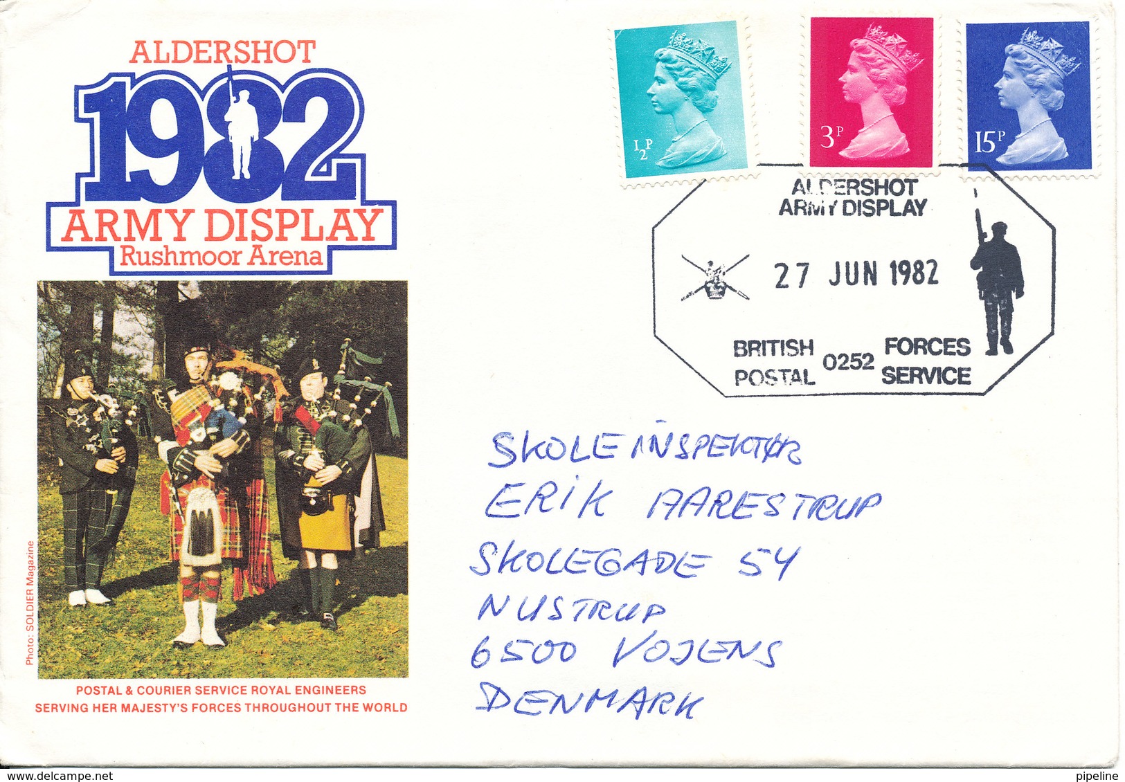 Great Britain Cover Aldershot Army Display Rushmoor Arena 27-6-1982 British Forces Postal Service Sent To Denmark - Covers & Documents