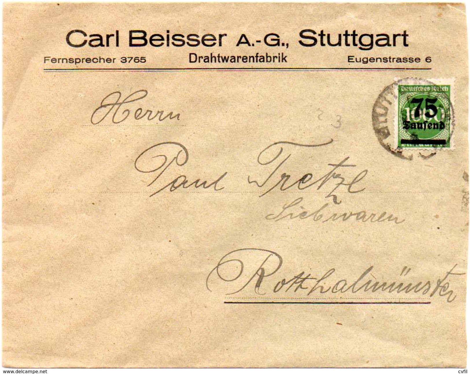 GERMANY REICH 1923. Cover With 75Tsd On 1000M, Single Stamp Postage (EF) From Stuttgart To Rotthalmünster - Covers & Documents