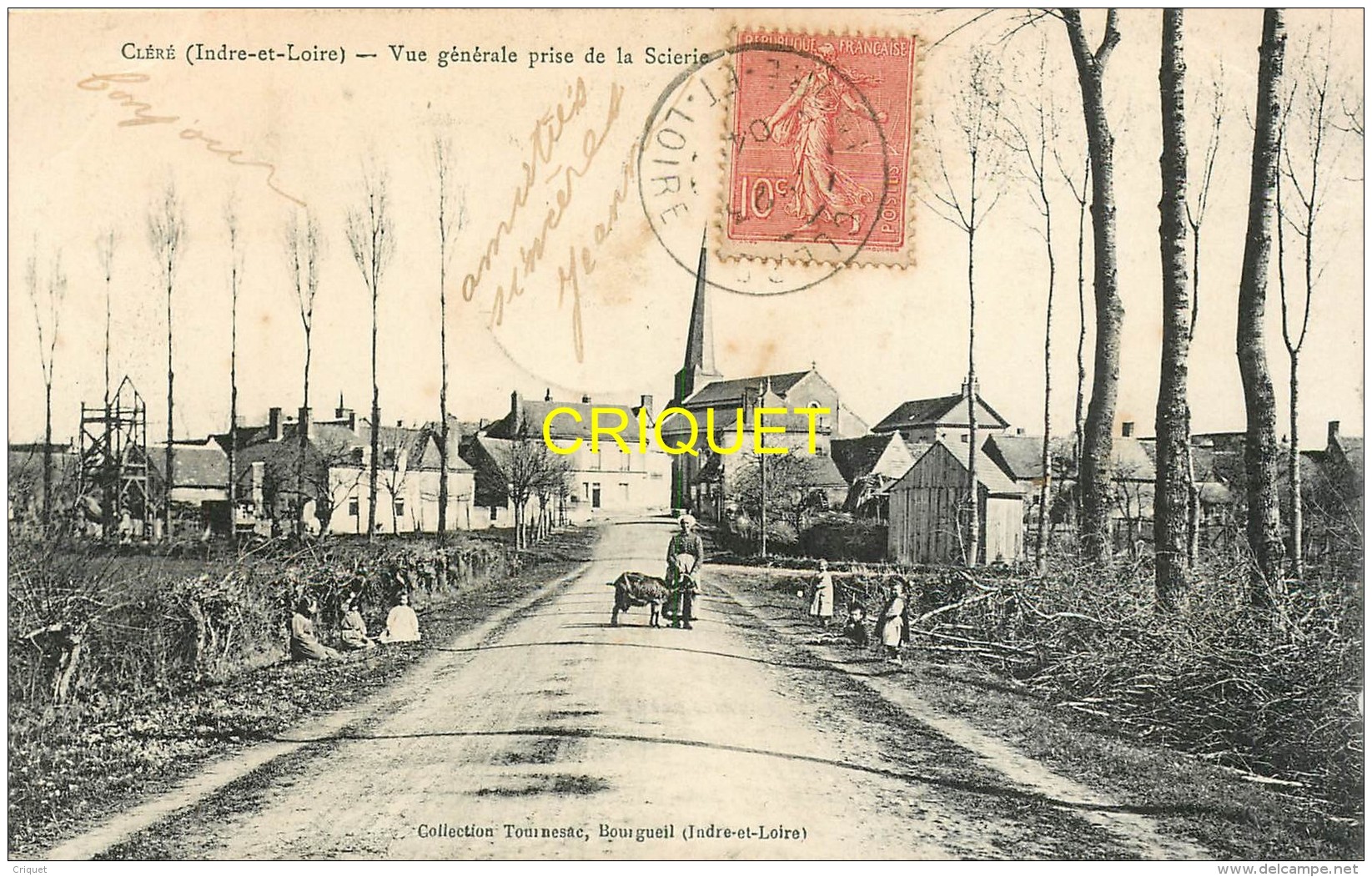 37 Cléré, Vue Prise De La Scierie, Femme Avec Chèvre En Avant, Enfants...., Affranchie 1904 - Cléré-les-Pins