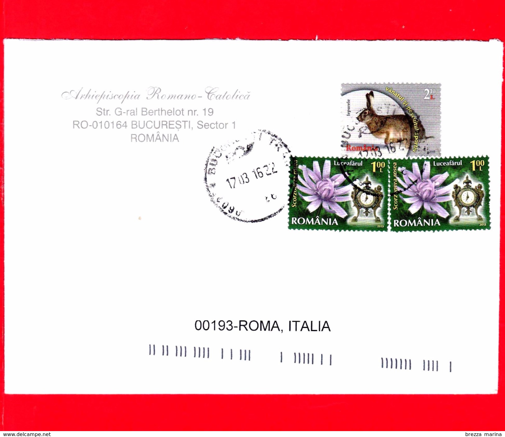 ROMANIA - Storia Postale - Busta Del 2016 - (2013 - Fiori - Scorzonera Rosea - Orologio - Lepre - 1.00+1.00+2.10 - Poststempel (Marcophilie)