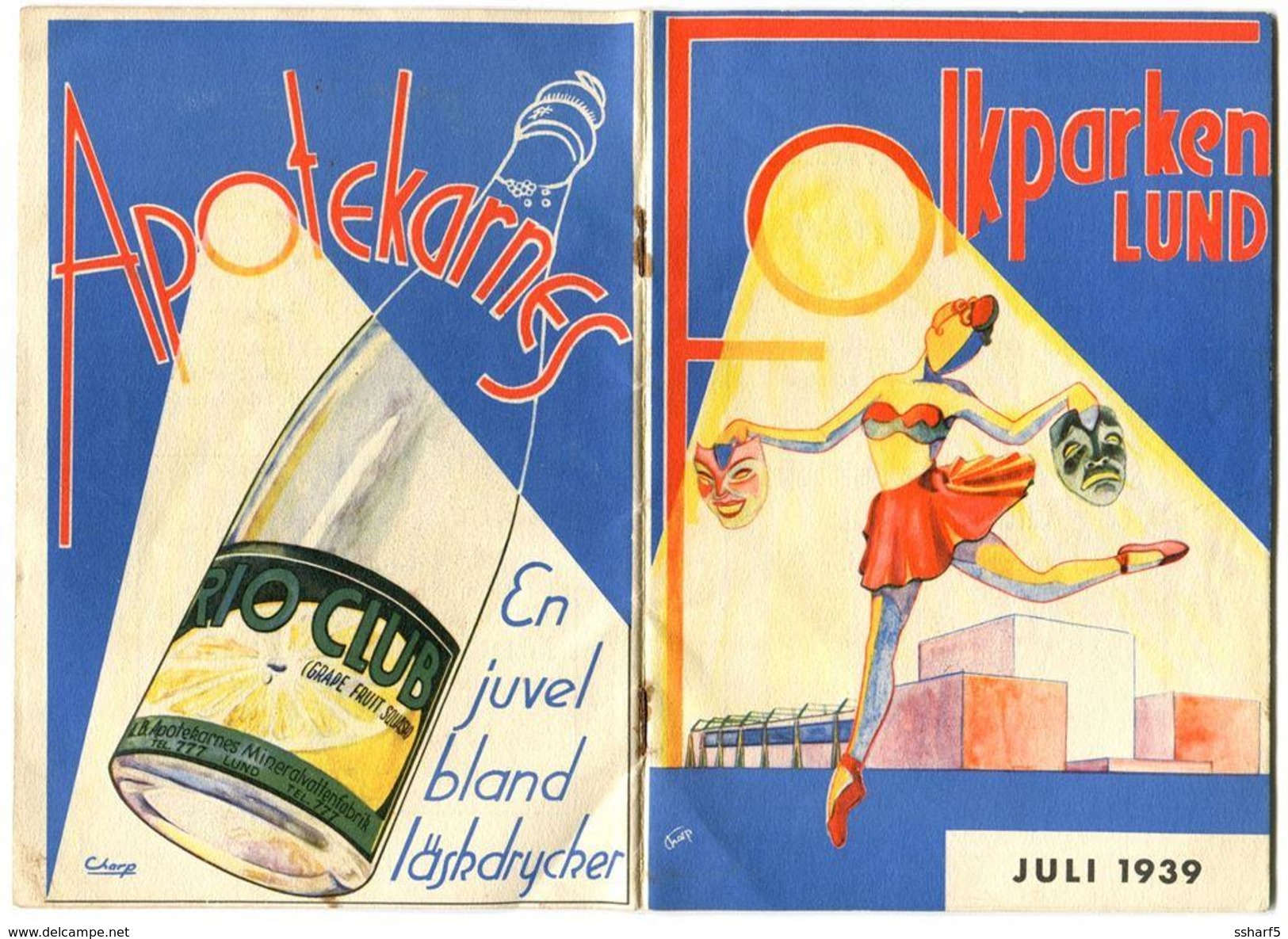 ART DECO SWEDEN 1939 Folkparken Lund Signed CHARP 36 Page Ad RIO CLUB Soft Drink - Werbung