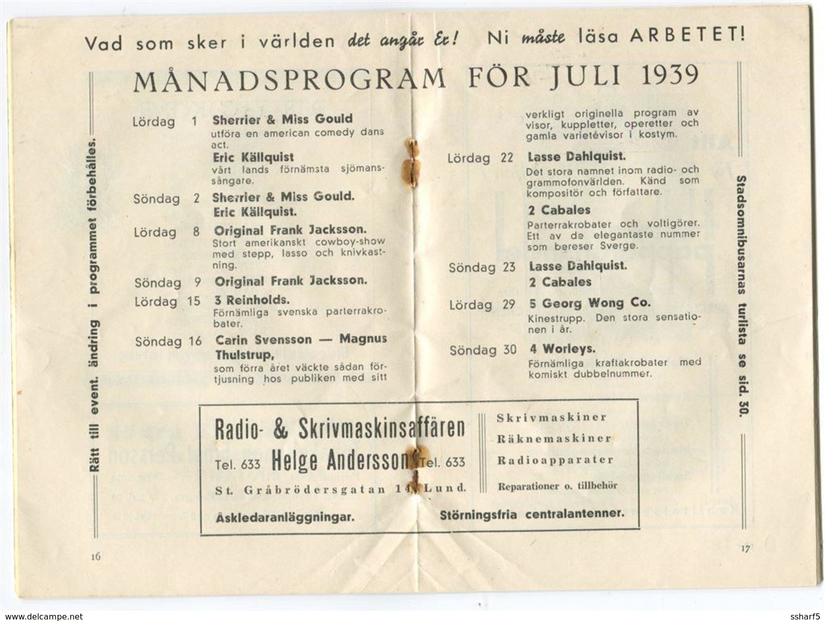 ART DECO SWEDEN 1939 Folkparken Lund Signed CHARP 36 Page Ad RIO CLUB Soft Drink - Werbung