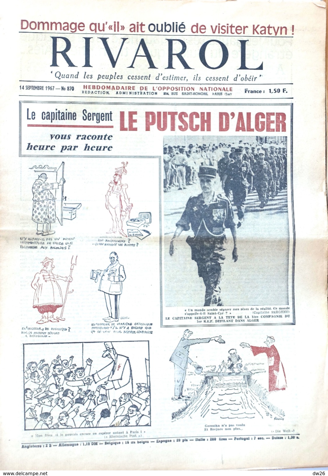 Hebdomadaire De L'Opposition Nationale: Rivarol N° 870 (14 Septembre 1967) Le Putsch D'Alger Heure Par Heure - Politica