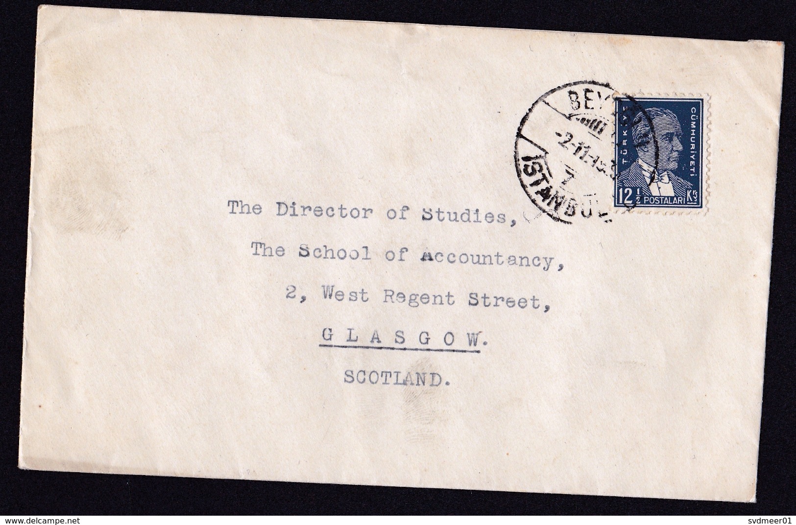 Turkey: Cover Istanbul To Scotland, 1938?, 1 Stamp (traces Of Use) - Cartas & Documentos