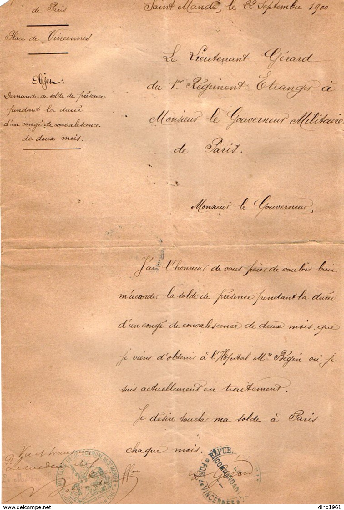 VP6777 - Lettre Du Lt GERARD Du 1er Rgt Etranger à Hopital Militaire BEGIN De SAINT MANDE X  Fort De VINCENNES ( PARIS ) - Documents