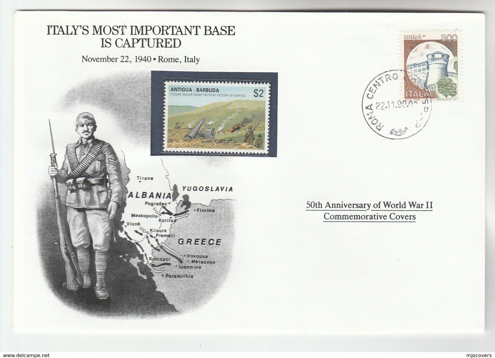 1990 ITALY Special COVER Anniv WWII KORITZA BASE ALBANIA CAPTURED Event Map Gun Forces Stamps - Seconda Guerra Mondiale
