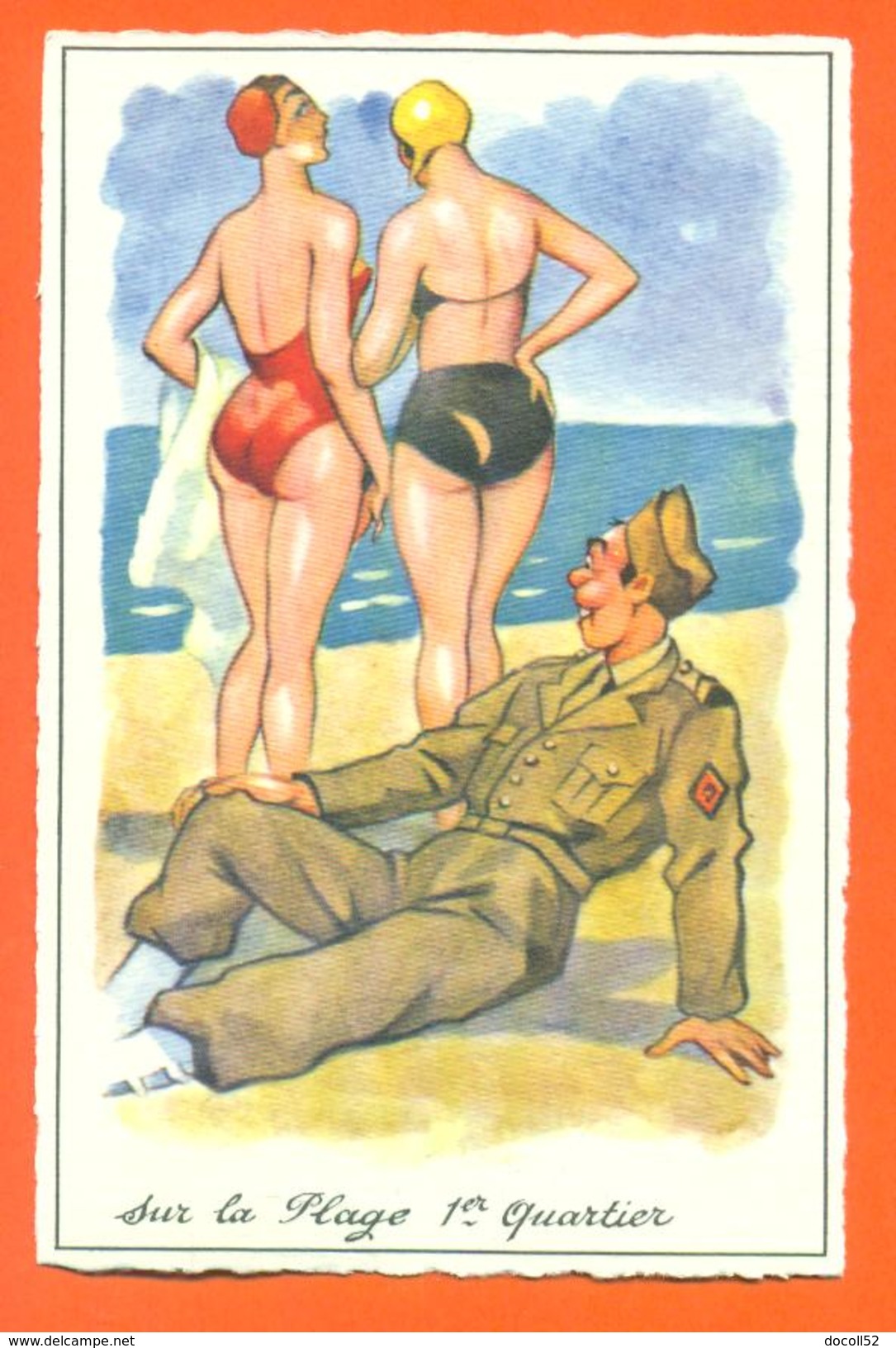 CPA Illustrateur Militaria " Sur La Plage 1er Quartier " Pin-up - Militaire - FJC 18 - Pin-Ups